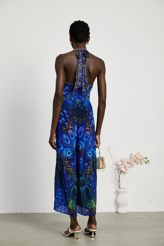 Melissa Crystal Embellished Halterneck Blue Multicolor Jumpsuit