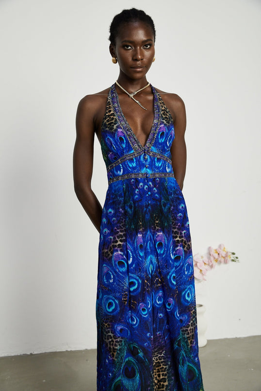 Melissa Crystal Embellished Halterneck Blue Multicolor Jumpsuit