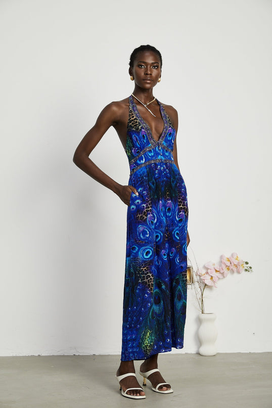 Melissa Crystal Embellished Halterneck Blue Multicolor Jumpsuit