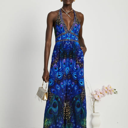 Melissa Crystal Embellished Halterneck Blue Multicolor Jumpsuit