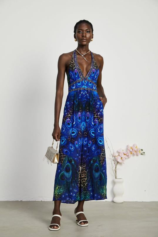 Melissa Crystal Embellished Halterneck Blue Multicolor Jumpsuit