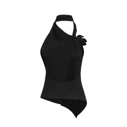 Melissa Floral Top Black Halterneck Backless Asymmetric Hem Stretch Design