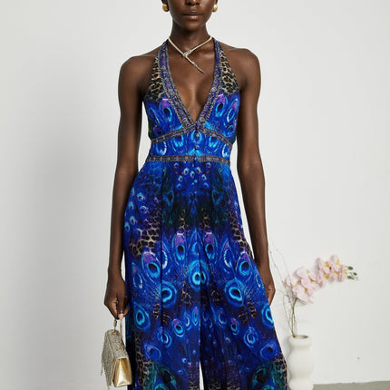 Melissa Crystal Embellished Halterneck Blue Multicolor Jumpsuit Wide Leg 100 Silk