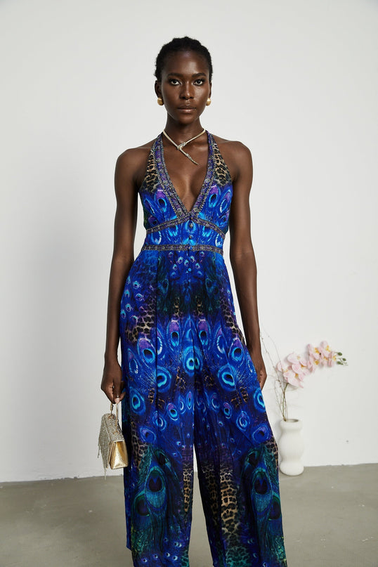 Melissa Crystal Embellished Halterneck Blue Multicolor Jumpsuit Wide Leg 100 Silk