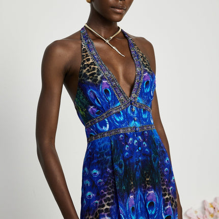 Melissa Crystal Embellished Halterneck Blue Multicolor Silk Jumpsuit Wide Leg