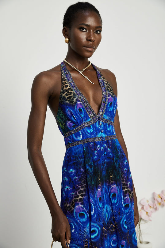 Melissa Crystal Embellished Halterneck Blue Multicolor Silk Jumpsuit Wide Leg