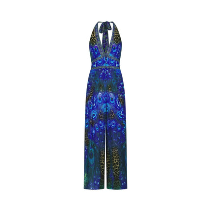 Melissa Crystal Embellished Halterneck Blue Multicolor Jumpsuit Silk Wide Leg