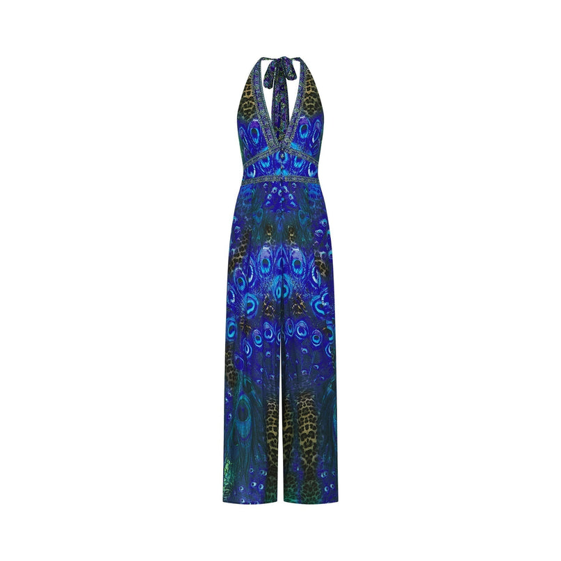Melissa Crystal Embellished Halterneck Blue Multicolor Jumpsuit Silk Wide Leg
