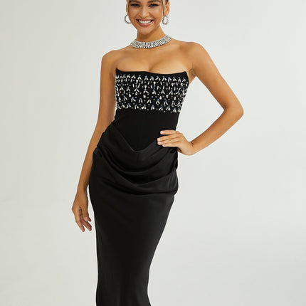 Melissa Black Off-The-Shoulder Maxi Dress with Crystal Embellishments