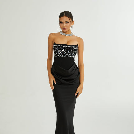 Melissa Black Off-the-Shoulder Maxi Dress with Crystal Embellishments