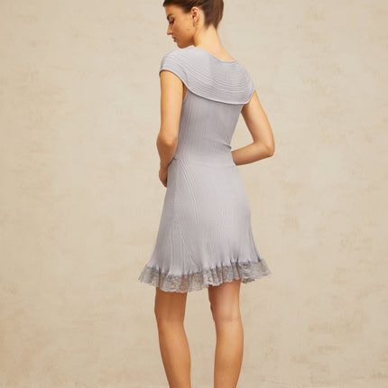 Melissa Purple Lace Trim V-Neck Mini Dress Cap Sleeve Ribbed Knit Flared Hem Cut-Out Detailing Thigh-Length Luxury