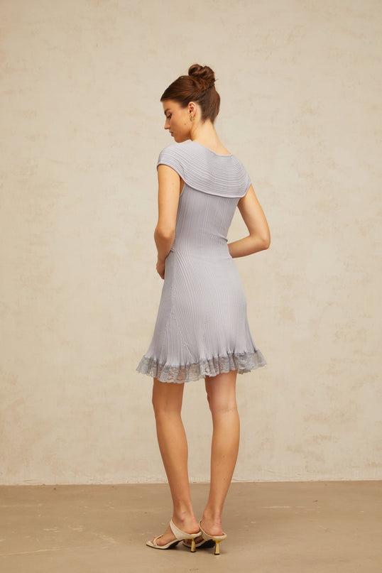 Melissa Purple Lace Trim V-Neck Mini Dress Cap Sleeve Ribbed Knit Flared Hem Cut-Out Detailing Thigh-Length Luxury