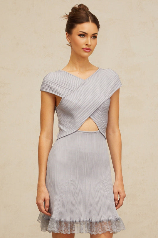 Melissa Purple Lace Mini Dress V-neck Cap Sleeve Ribbed Knit Cut-out Detailing Thigh-length Luxury