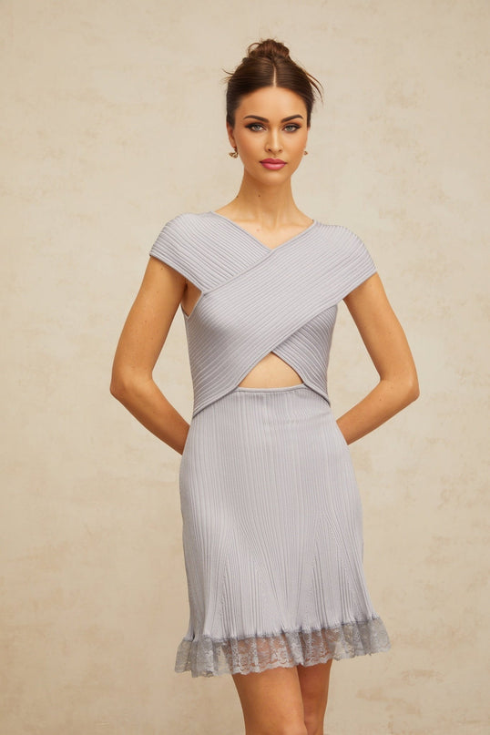Melissa Purple Lace Mini Dress V-neck Cap Sleeves Ribbed Knit Cut-out Detailing Thigh-length Luxury