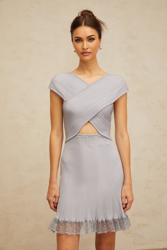 Melissa Purple Lace Mini Dress V-neck Cap Sleeves Ribbed Knit Cut-Out Detailing Thigh-length Luxury