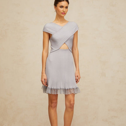Melissa Purple Lace Mini Dress V-Neck Cap Sleeve Ribbed Knit Flared Hem Cut-Out Detailing