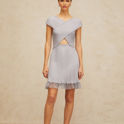 Melissa Purple Lace Mini Dress V-neck Cap Sleeves Ribbed Knit Cut-out Detailing