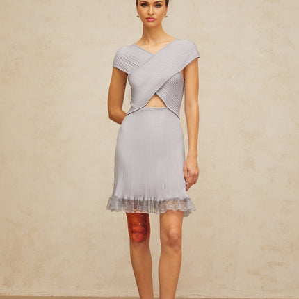 Melissa Purple Lace Mini Dress V-Neck Cross-Over Flared Hem Cap Sleeves Ribbed Knit Cut-Out Detailing Thigh-Length Luxury
