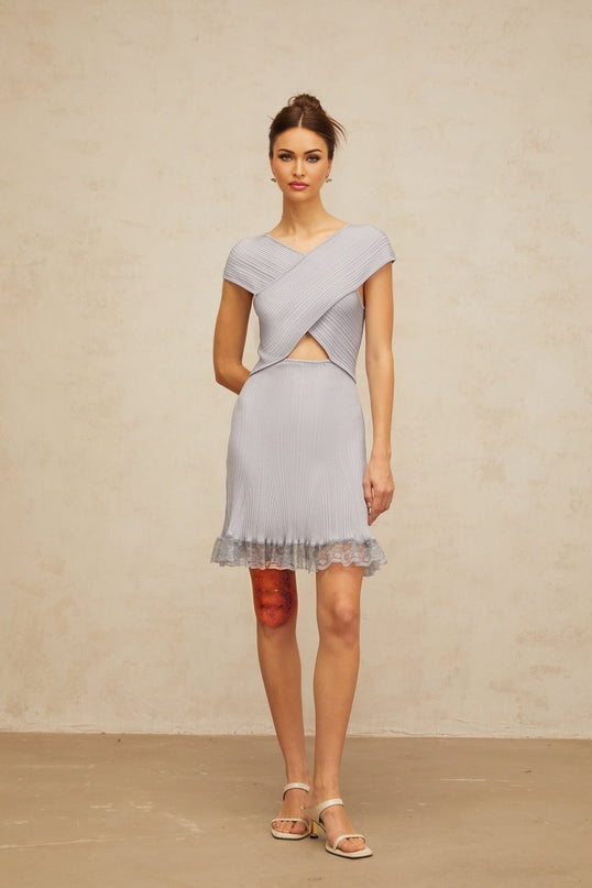 Melissa Purple Lace Mini Dress V-Neck Cross-Over Flared Hem Cap Sleeves Ribbed Knit Cut-Out Detailing Thigh-Length Luxury