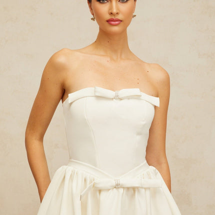 Melissa White Crystal Detail Mini Dress with Bowknot Accent