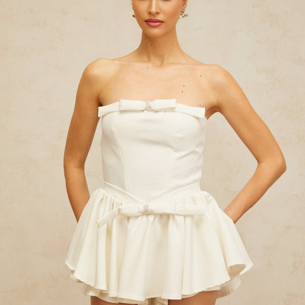 Melissa White Crystal Detail Mini Dress with Bowknot Accent