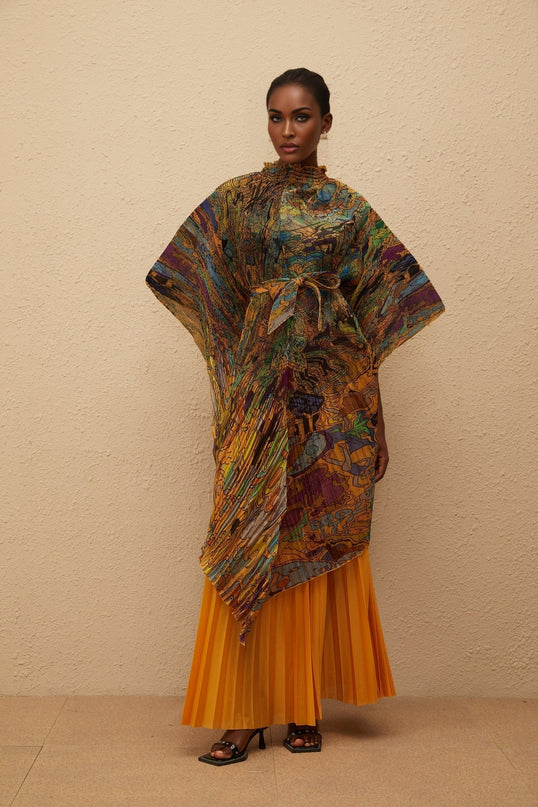 Mélodie Orange Pattern Print Pleated Blouse  Trousers Set