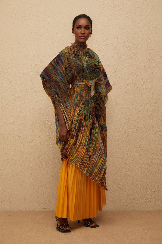 Melodie Orange Pattern Print Pleated Blouse Trousers Set