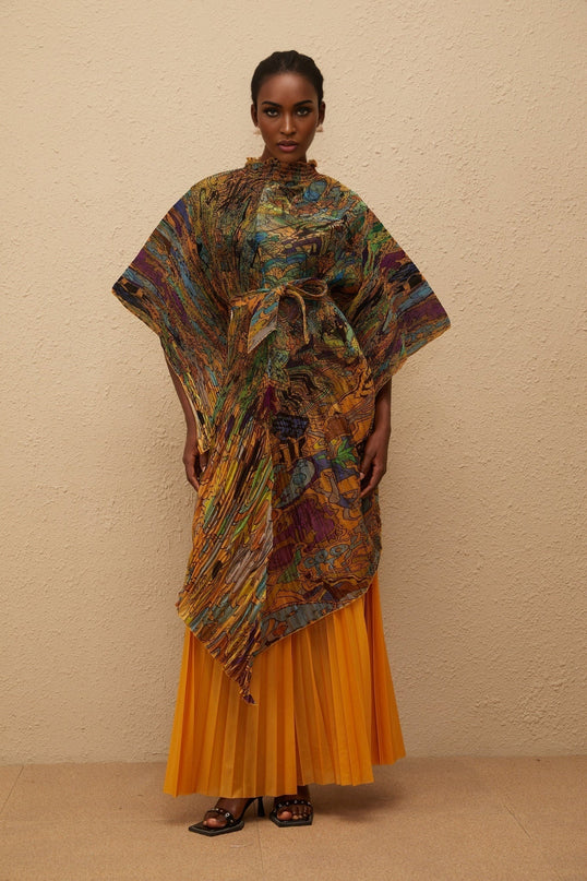 Melodie Orange Pattern Print Pleated Blouse Trousers Set
