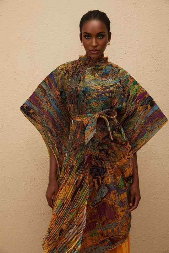 Mélodie Orange Pattern Print Pleated Blouse  Trousers Set