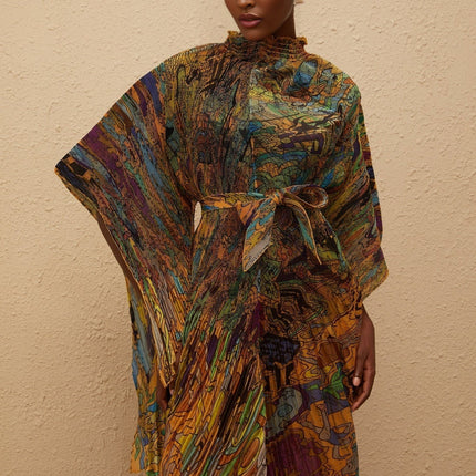 Melodie Orange Pattern Print Pleated Blouse & Trousers Set