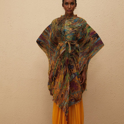Mélodie Orange Pattern Print Pleated Blouse & Trousers Set