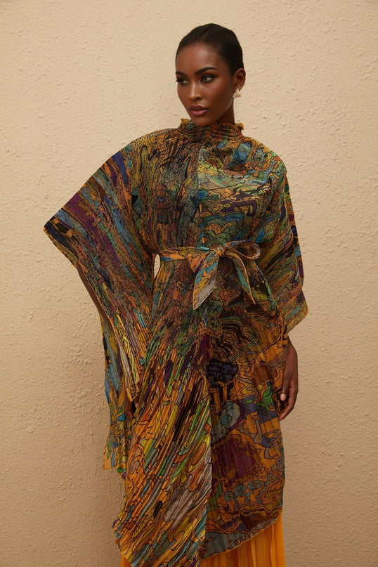 Mélodie Orange Pattern Print Pleated Blouse  Trousers Set