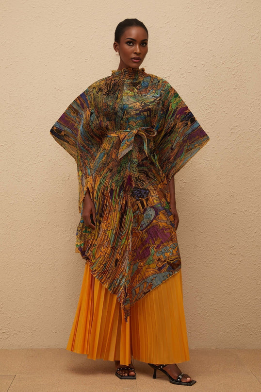 Mélodie Orange Pattern Print Pleated Blouse  Trousers Set