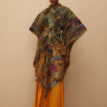 Mélodie Orange Pattern Print Pleated Blouse & Trousers Set