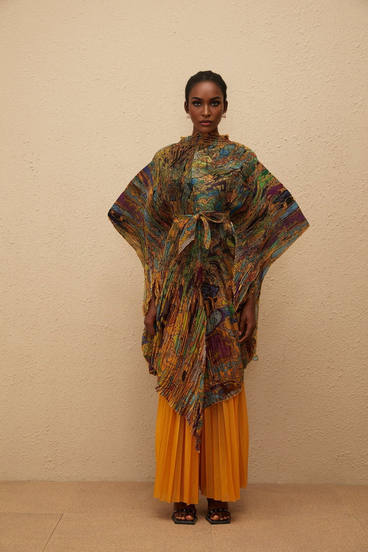 Mélodie Orange Pattern Print Pleated Blouse  Trousers Set