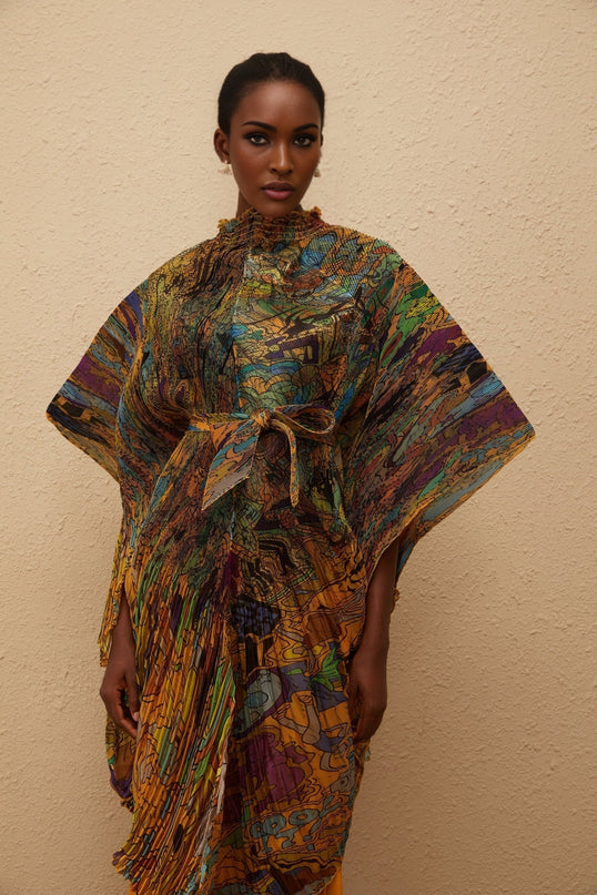 Mélodie Orange Pattern Print Pleated Blouse  Trousers Set