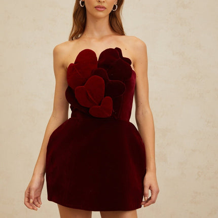 Melody Mini Dress Heart Puff Skirt Red 3D-heart motif velvet off-the-shoulder sleeveless cinched waist mid-thigh length rear zip fastening premium Terylene fiber