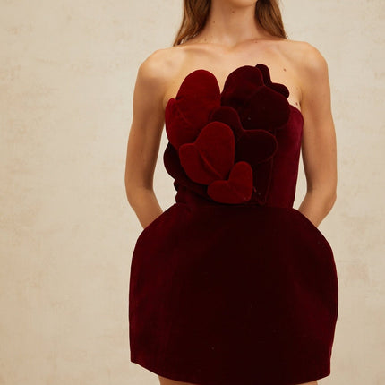 Melody Mini Dress Heart Puff Skirt Red 3D-heart motif velvet finish off-the-shoulder sleeveless cinched waist mid-thigh length rear zip fastening premium Terylene fiber