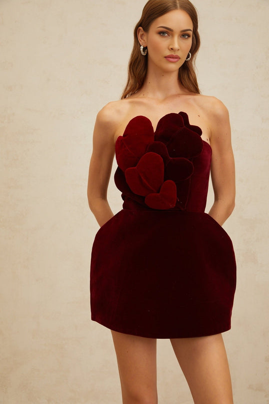 Melody Mini Dress Heart Puff Skirt Red 3D-heart motif velvet finish off-the-shoulder sleeveless cinched waist mid-thigh length rear zip fastening premium Terylene fiber
