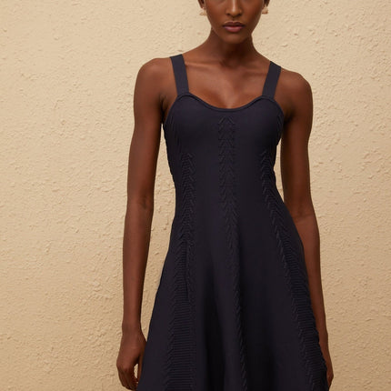 Melusine Blue Braided Knit Dress elegant and sophisticated U-neck sleeveless silhouette fitted waistline artisanal charm two side slit pockets slip-on style 100% Nylon composition thigh-length refinement