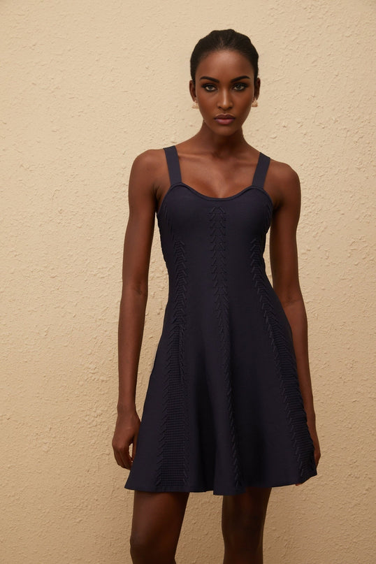 Melusine Blue Braided Knit Dress elegant and sophisticated U-neck sleeveless silhouette fitted waistline artisanal charm two side slit pockets slip-on style 100% Nylon composition thigh-length refinement