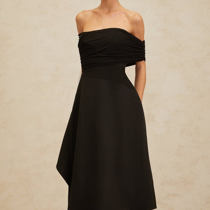 Meredith Black Maxi Dress with Asymmetrical Hemline and Ruched Detailing