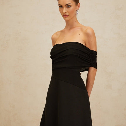 Meredith Black Maxi Dress with Asymmetrical Hemline and Cinched Waist