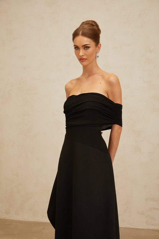Meredith Black Maxi Dress with Asymmetrical Hemline and Cinched Waist