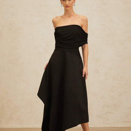 Meredith Black Maxi Dress with Asymmetrical Hemline and Ruched Detailing