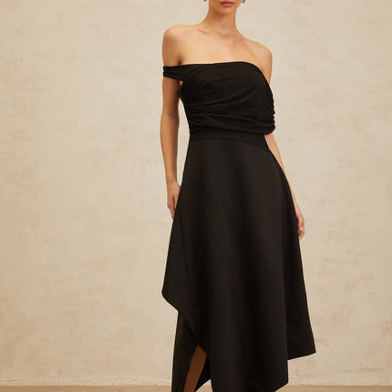 Meredith Black Maxi Dress with Asymmetrical Hemline and Cinched Waist in Terylene Fiber Composition