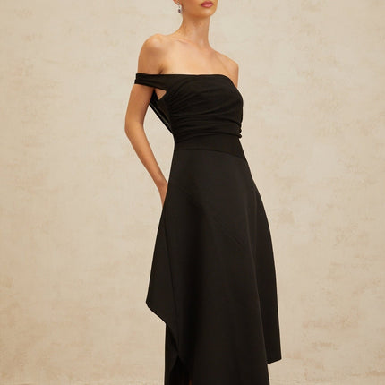 Meredith Black Maxi Dress with Asymmetrical Hemline and Cinched Waist