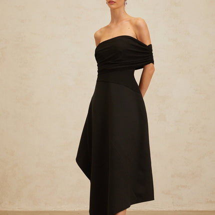 Meredith Black Maxi Dress with Asymmetrical Hemline and Ruched Detailing