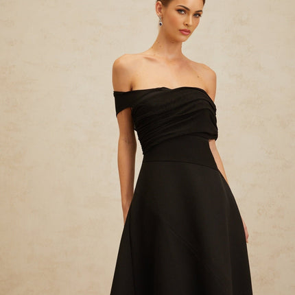 Meredith Black Maxi Dress with Asymmetrical Hemline and Cinched Waist