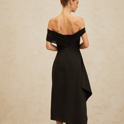 Meredith Black Maxi Dress with Asymmetrical Hemline and Cinched Waist